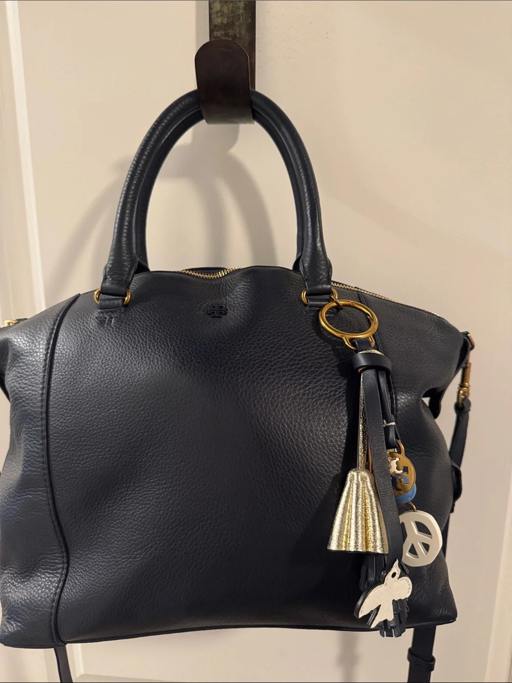 Tory Burch Navy Leather Satchel with Gold Tassel Charm